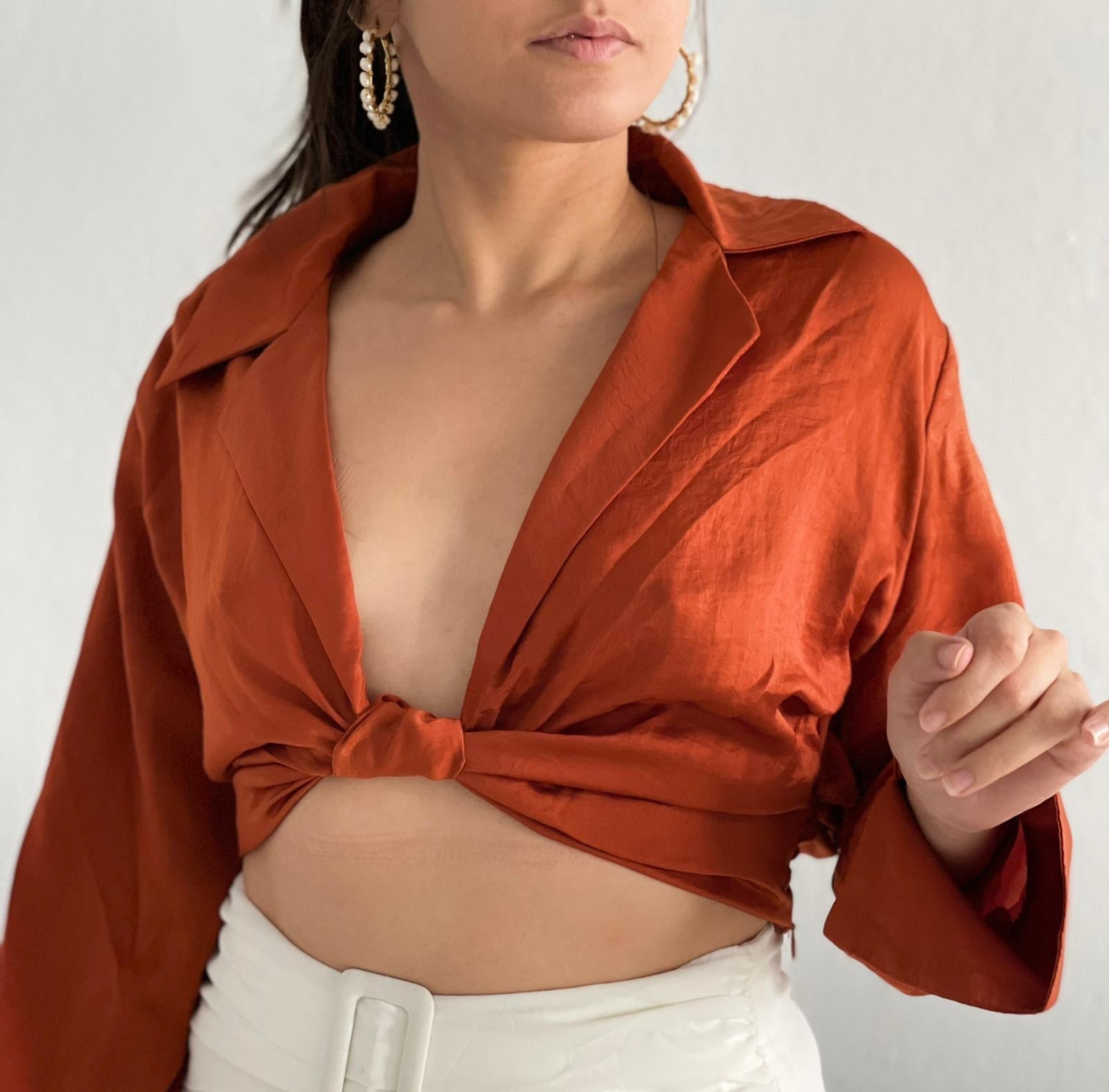 Terracotta Satin Twist Crop Top
